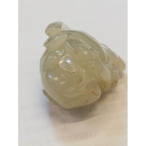 427 - A Chinese pale jade toad, 19th century, the celadon coloured carving modelled grasping a fruiting vi... 