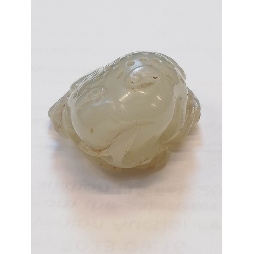 427 - A Chinese pale jade toad, 19th century, the celadon coloured carving modelled grasping a fruiting vi... 