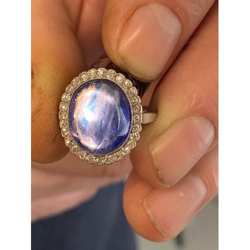 192 - An early 20th century sapphire and diamond cluster ring, the central oval sapphire cabochon measurin... 