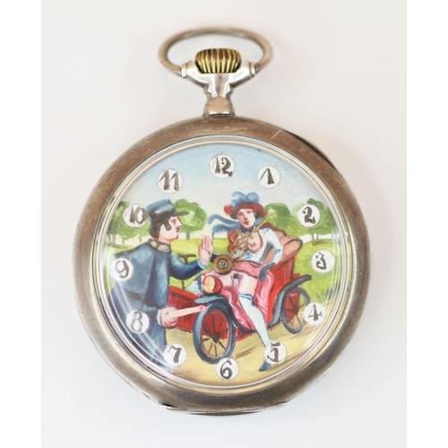 135 - An early 20th century Omega silver open face pocket watch, the dial depicting an erotic scene with A... 