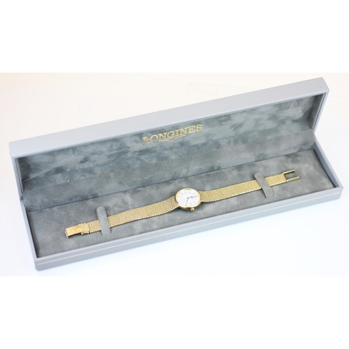 138 - A ladies Longines 9ct gold ladies wristwatch, the circular white dial with Roman numerals and inner ... 