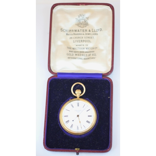 140 - A Victorian 18ct gold open face pocket watch, the circular white enamel dial with black Roman numera... 