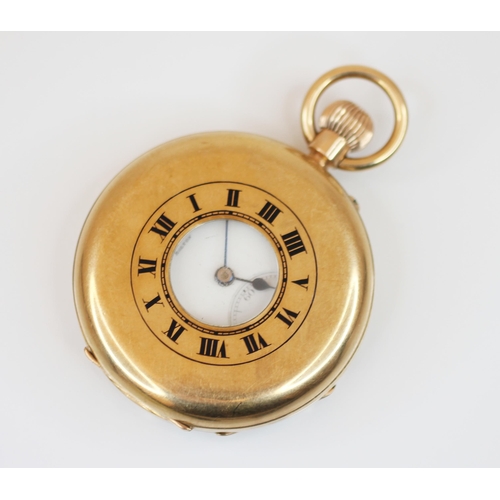 142 - A George V 9ct gold half hunter pocket watch, the circular white enamel dial with black Roman numera... 