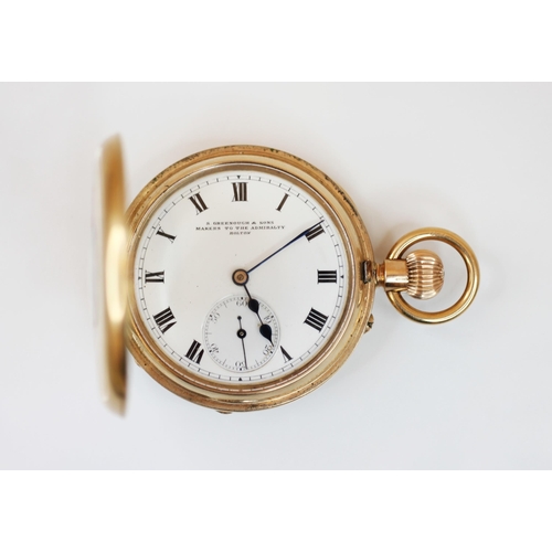 142 - A George V 9ct gold half hunter pocket watch, the circular white enamel dial with black Roman numera... 