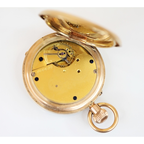 142 - A George V 9ct gold half hunter pocket watch, the circular white enamel dial with black Roman numera... 