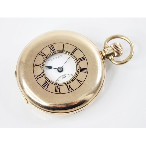 144 - A George V 'Vertex' 9ct gold half hunter pocket watch, the circular white enamel dial with black Rom... 