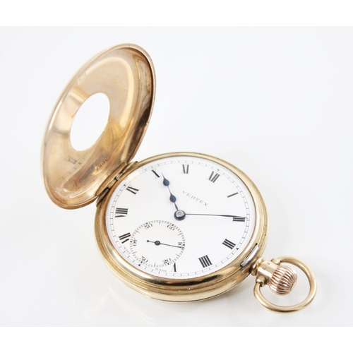 144 - A George V 'Vertex' 9ct gold half hunter pocket watch, the circular white enamel dial with black Rom... 