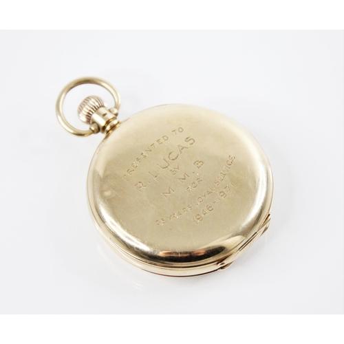 144 - A George V 'Vertex' 9ct gold half hunter pocket watch, the circular white enamel dial with black Rom... 