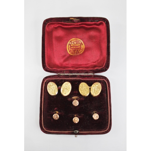 170 - A Victorian cased set of 9ct gold dress cufflinks and dress studs, the cufflinks of oval form with e... 