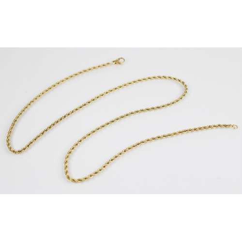 187 - A 9ct gold rope twist chain, with lobster claw and snap clasp, 61cm long, weight 21.2gms