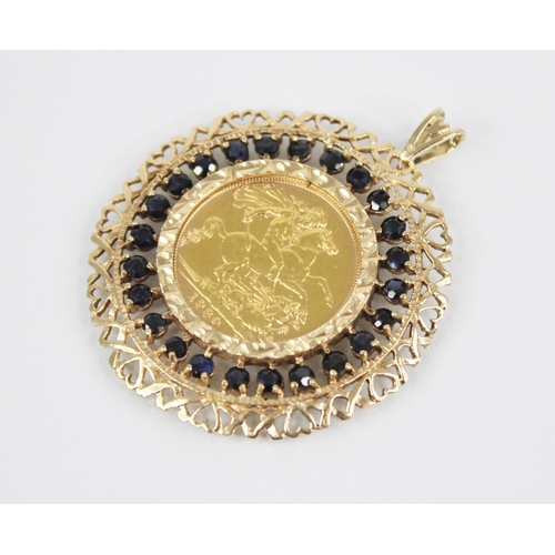 188 - An Elizabeth II sovereign, dated 1980, within a 9ct gold sapphire set pendant mount, the mount set w... 