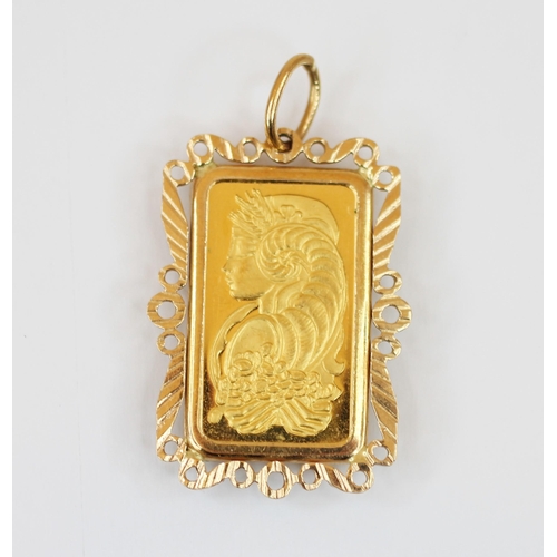 223 - A Swiss 'Fine Gold 999.9' 5g Lady Fortuna ingot pendant, set to a gold coloured pierced pendant moun... 