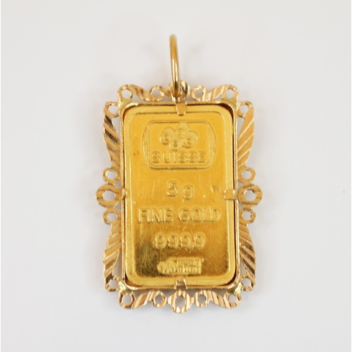 223 - A Swiss 'Fine Gold 999.9' 5g Lady Fortuna ingot pendant, set to a gold coloured pierced pendant moun... 