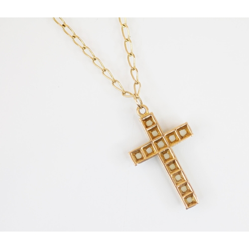 238 - A cultured pearl set gold coloured cross pendant, 30mm x 18mm, upon a 9ct gold curb link chain with ... 