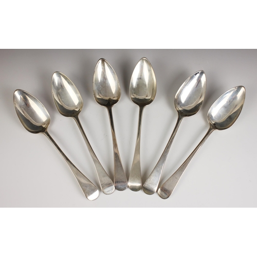 25 - Six George III Old English pattern silver table spoons, Richard Crossley, London 1804, each 22.2cm l... 