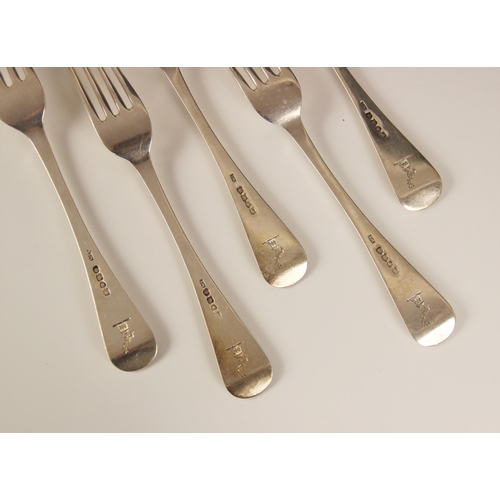 30 - Five George IV Old English pattern silver forks, William M Traies, London 1825, each with engraved c... 
