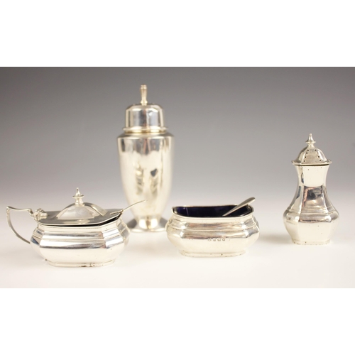 53 - A George V three-piece silver condiment set, Barker Brothers Ltd, Birmingham 1933-35, comprising pep... 