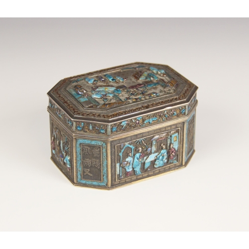 576 - A Chinese silver and enamel box, 19th century, possibly Canton, the canted rectangular box decorated... 