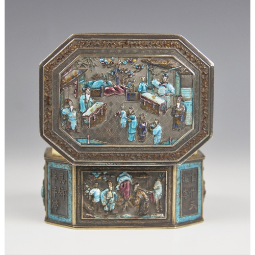 576 - A Chinese silver and enamel box, 19th century, possibly Canton, the canted rectangular box decorated... 