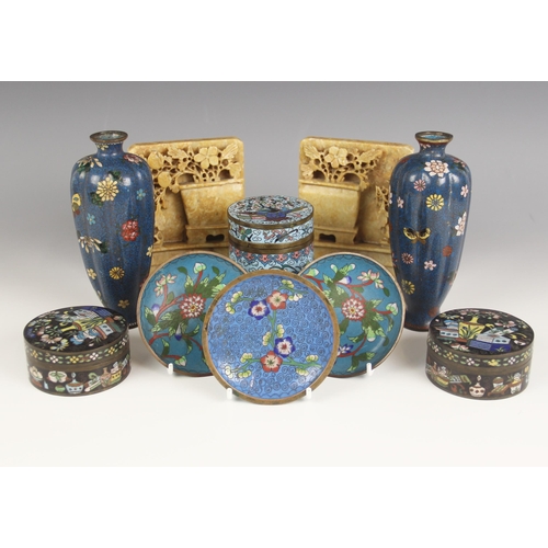 577 - A selection of Chinese cloisonné, comprising; a pair of cylindrical lobed vases, 19th century, 15.5c... 