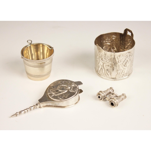 75 - A collection of silver coloured miniature items, comprising of a pair of bellows, binoculars and two... 