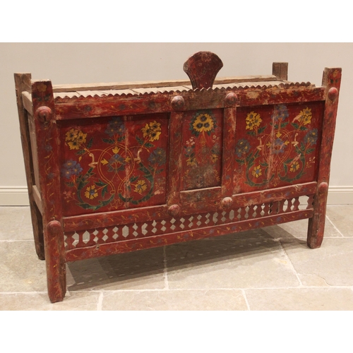 822 - An Eastern European painted pine dowry chest, 19th century, the carved serrated pediment above a cen... 