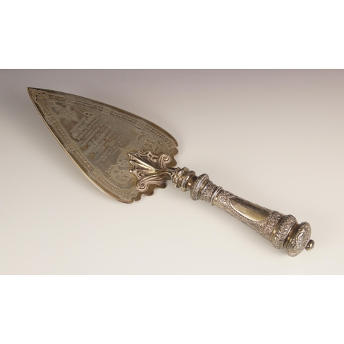 94 - A Victorian silver presentation trowel within fitted case, Martin Hall and Co, London 1876, the trow... 