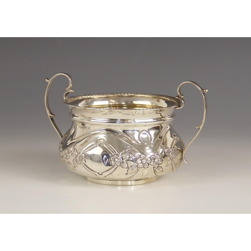 97 - An Edwardian silver twin-handled sugar bowl, W G Keight and Co, Birmingham 1910, of cauldron form up... 