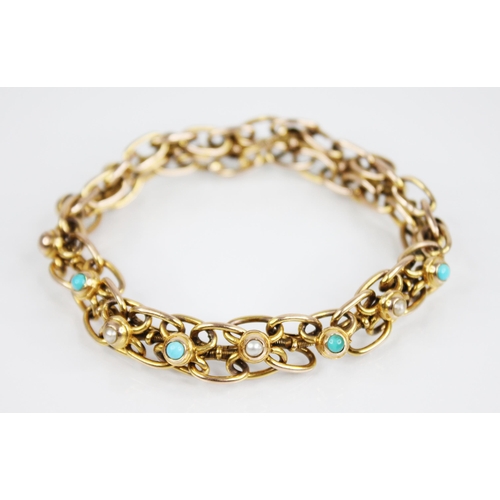 147 - An early 20th century turquoise and pearl set bracelet, designed as interwoven figure-of-eight links... 