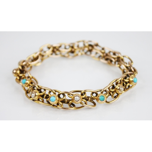 147 - An early 20th century turquoise and pearl set bracelet, designed as interwoven figure-of-eight links... 