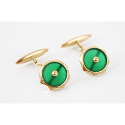 149 - A pair of 18ct gold chrysoprase cufflinks, each link of faceted octagonal form with central circular... 