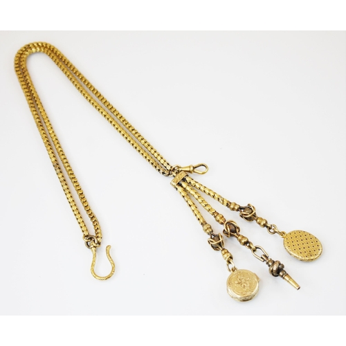 204 - A Victorian gold coloured watch chain or chatelaine, the scalloped box link chain with shepherd's ho... 