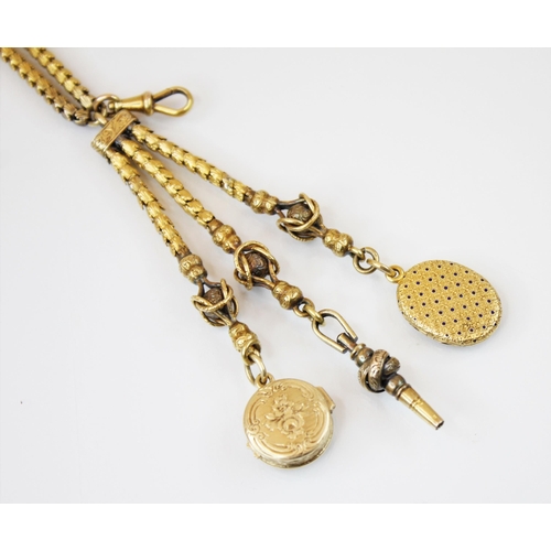 204 - A Victorian gold coloured watch chain or chatelaine, the scalloped box link chain with shepherd's ho... 