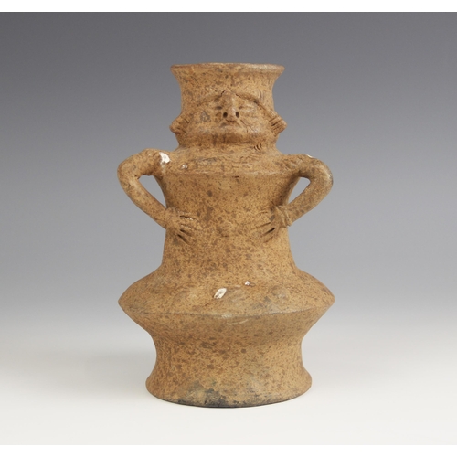 581 - A South American zoomorphic pottery vessel, probably Columbian, of compressed globe and shaft form w... 