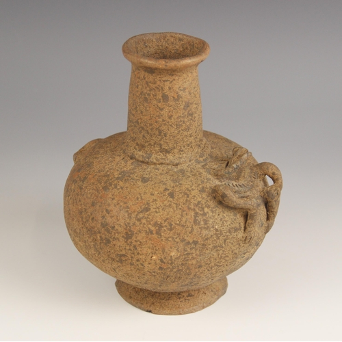 581 - A South American zoomorphic pottery vessel, probably Columbian, of compressed globe and shaft form w... 