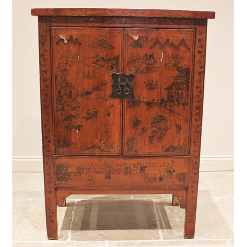 840 - A red lacquer Chinese wedding cabinet, 20th century, probably elm, the twin doors adorned with figur... 