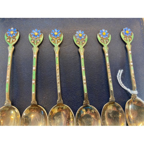 31 - A cased set of six George V silver gilt and enamel coffee spoons , Mappin & Webb, Birmingham 1929, e... 