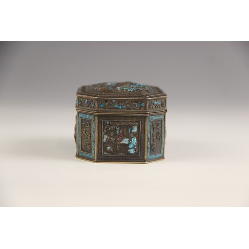 576 - A Chinese silver and enamel box, 19th century, possibly Canton, the canted rectangular box decorated... 