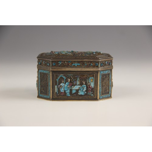 576 - A Chinese silver and enamel box, 19th century, possibly Canton, the canted rectangular box decorated... 