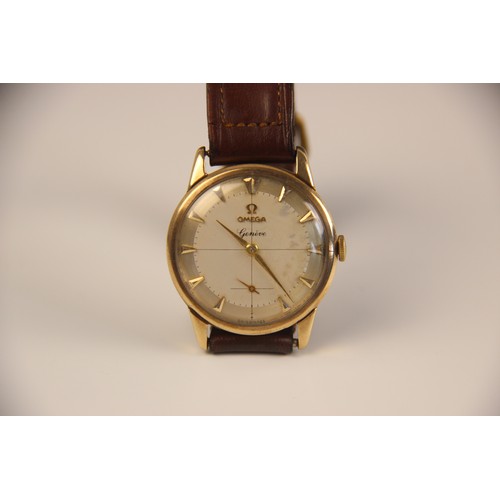 134 - A gentleman's vintage 9ct gold Omega Geneve wristwatch, the two-toned circular dial with arrowhead m... 