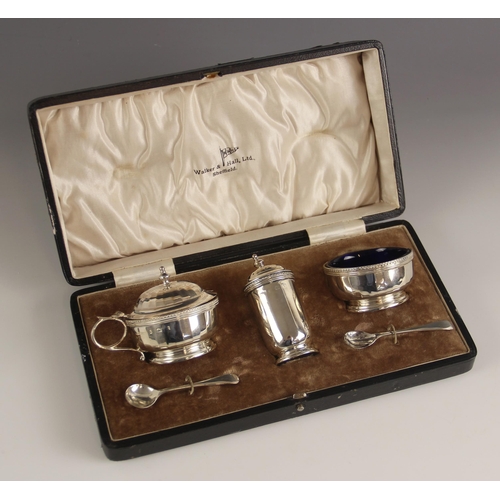 126 - A George V silver cased condiment set, Walker and Hall, Birmingham 1924, comprising wet mustard, ope... 