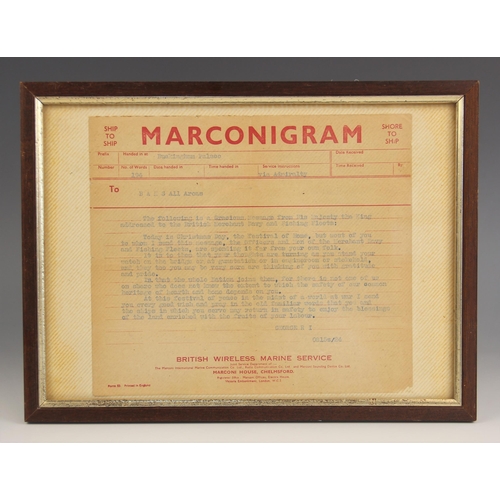 289 - WORLD WAR II INTEREST:  A Ship To Shore Marconigram from Buckingham Palace to the British Merchant N... 