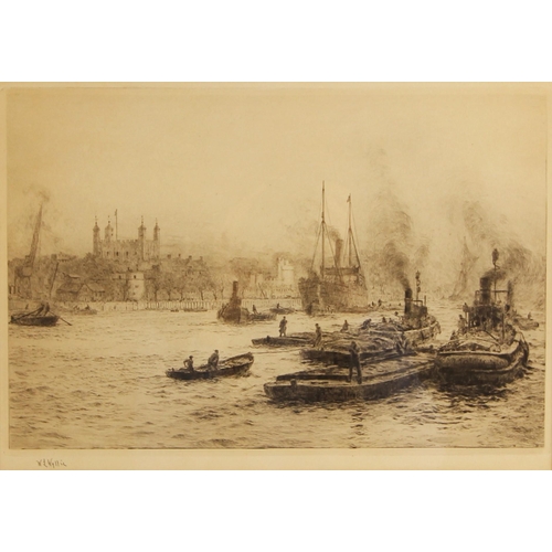 336 - William Lionel Wyllie R.A. R.I.  (British, 1851-1931),  
Tugs and barges on the Thames with the Towe... 