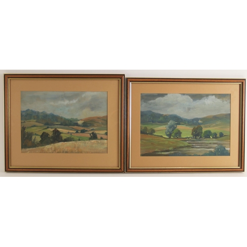 343 - English school (20th century),  
Two bucolic landscapes with trees and hills,  
Watercolour and goua... 