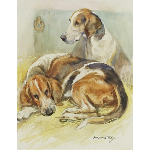 346 - George Vernon Stokes (1873-1954),  
Kennelled hounds,  
Watercolour and gouache on paper,  
Signed l... 