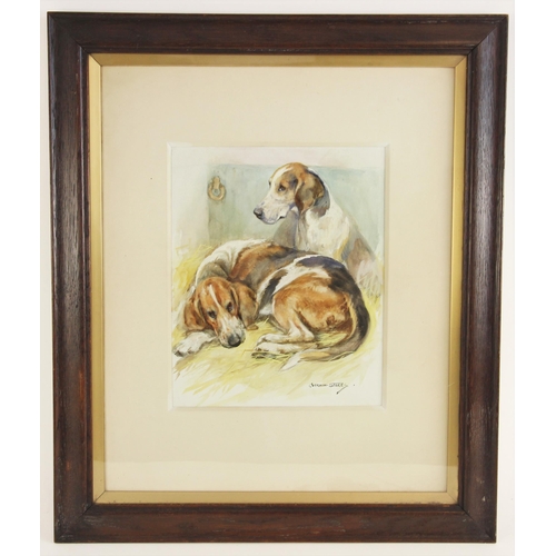 346 - George Vernon Stokes (1873-1954),  
Kennelled hounds,  
Watercolour and gouache on paper,  
Signed l... 