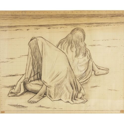 350 - Clifford Hall, R.O.I. N.S. (British, 1904-1973),  
Two women swathed in towels on a beach,  
Pencil ... 