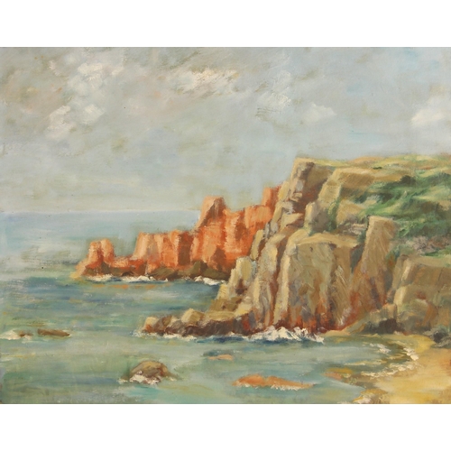 371 - British school (20th century),  
Coastal scene with high cliffs, by repute Sorel Point, Jersey,  
Oi... 