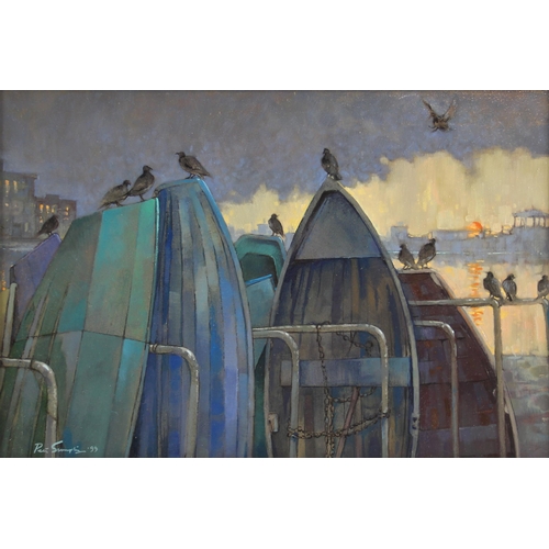 372 - Peter Sumpter (British, 1933-2020),  
Rowing boats with pigeons at sunset,  
Oil on board,  
Signed ... 