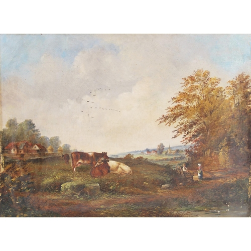 382 - Attributed to A E Blake (English school, 19th century),  
Cattle grazing with figures on a country l... 